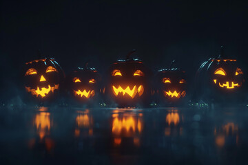 Jack-O-Lanterns at night on a wet surface