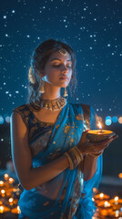 A beautiful Indian woman in a blue saree holds an oil lamp, with lights and candles glowing in the background. The night sky, filled with stars, adds a magical touch to the scene