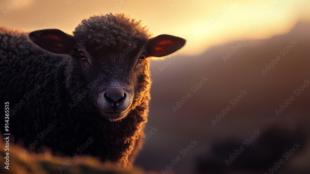 Wall mural a sheep, closely framed, faces a hazy backdrop of grass and rolling hills in the distance sunlight g