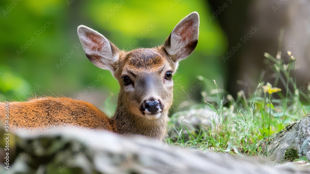 Wall mural a tight shot of a deer reclining in a lush grassy landscape dotted with stones, accompanied by a tre