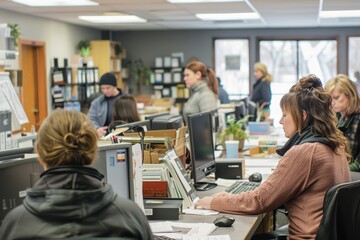 Obraz premium Busy job center: diverse individuals accessing employment resources and support services...