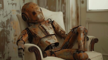 Rusty Robot Relaxing in a White Chair