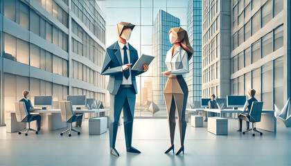 Professional Origami Style Office Workspace: Business Meeting Between Colleagues in Modern Corporate Environment with Skyscrapers, Glass Windows, Teamwork, Collaboration, and Digital Devices in Urban 
