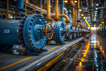 Fototapeta premium Close-up of industrial pipes and valves in a factory setting.