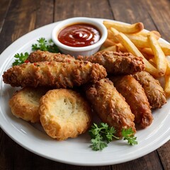 Fast food snacks and drink on table, chicken French fries. radiational American food. fast food, food bad for figure, skin, heart and teeth.