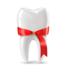 a tooth with a red bow design