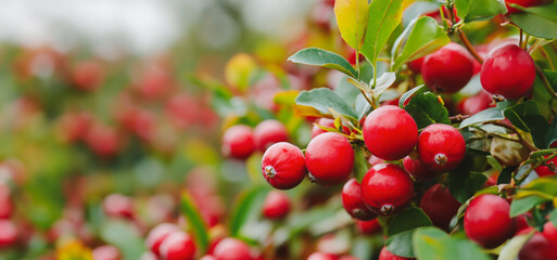 Obraz premium Vibrant Red Berries Grow Naturally on Lush Green Bushes in Early Autumn Afternoon