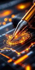 A stylish pen poised over a glowing digital chart, symbolizing finance, innovation, and market analysis in a modern workspace.