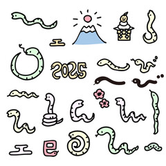 2025年の年賀状素材、色々なヘビの手描き線画イラストセット	
