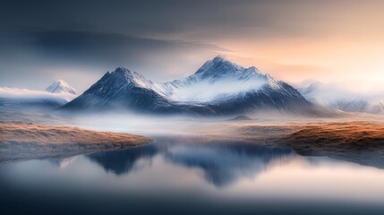 Misty mountain range reflected in a still lake at sunrise.  A serene and majestic landscape scene.