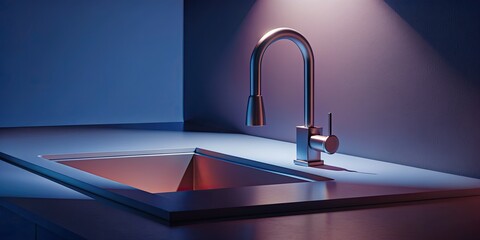 A modern kitchen faucet glistens under soft lighting.