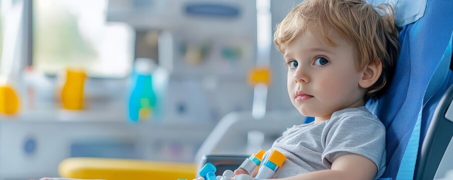 Young boy sits in a hospital room, holding a toy and looking thoughtful in a medical environment filled with equipment.