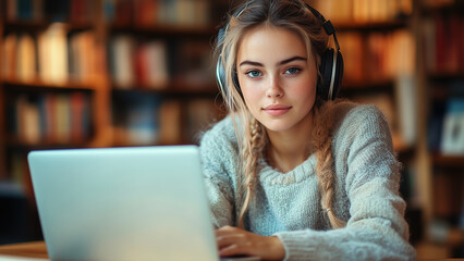 A young female student is deeply engaged in her studies, using a laptop in a library setting. For education, online learning, and study habits.