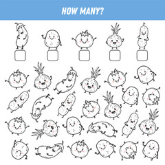 How many vegetables. Count the number of vegetables. Cute eggplant, cucumber, tomato, eggplant, potato. Math worksheet for kids. Vector
