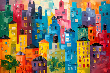 Colorful abstract painting depicting a city with buildings of various heights and colors. © Siasart Studio