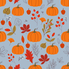 Autumn seamless pattern with mushrooms, autumn leaves, pumpkins and branches seamless pattern vector. Autumn themes, Halloween, Thanksgiving design elements, flat