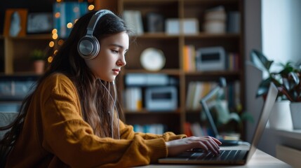 Online-Lernen mit Kopfhörern – Konzentriertes Mädchen am Laptop. Musik Hören oder Filme online ansehen.