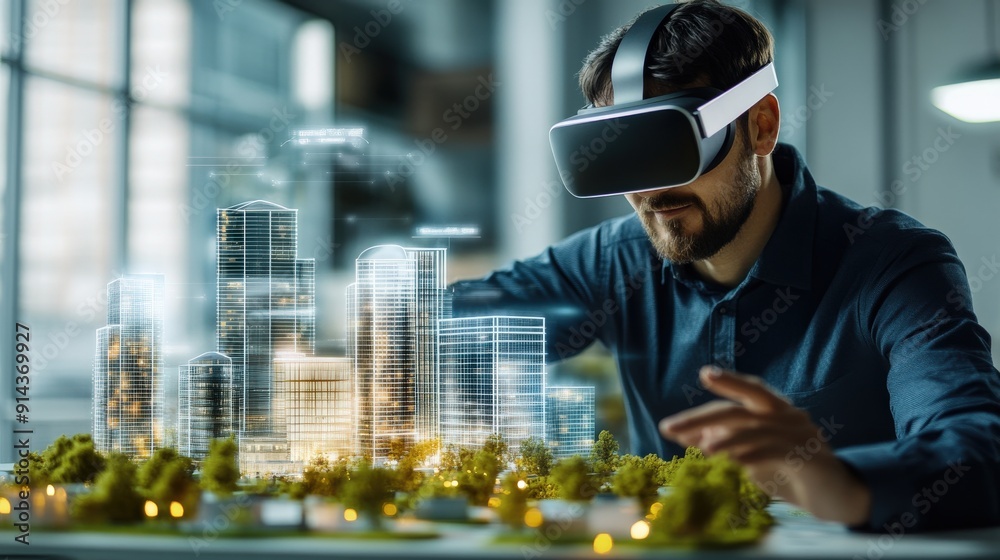 Wall mural A man is wearing a virtual reality headset and is looking at a city model