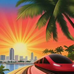 Vibrant sunset train journey through a tropical cityscape