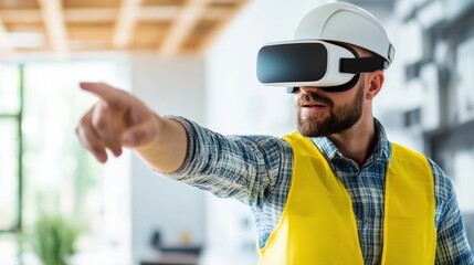 Obraz premium A man wearing a vest and a VR headset is standing in front of a building. He is holding his hands up in the air, possibly in a gesture of excitement or surprise