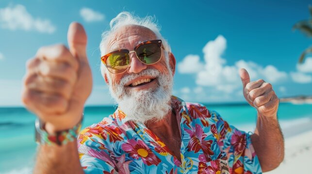 Glücklicher Senior am Strand – Daumen hoch für den perfekten Urlaub