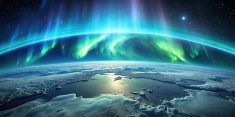 Ethereal aurora borealis illuminating icy landscapes on Earth below from satellite , Aurora borealis