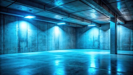 Fototapeta premium Underground concrete basement with low key blue lighting industrial grunge concrete background render , underground