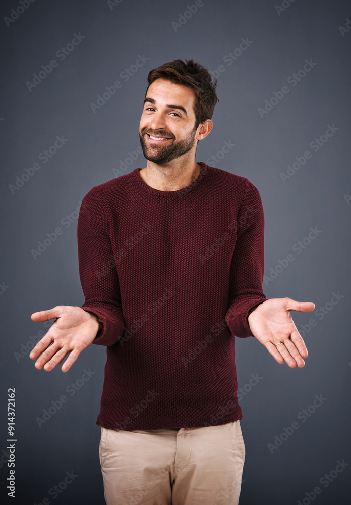 Poster business, portrait and palm of man for decision with choice, comparison or option with scale for bal