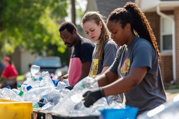 Community Volunteers Collecting Plastic Bottles for Recycling in a Neighborhood Clean-Up Event