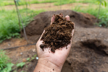 A hand is holding a pile of soil with a pile of dirt and a pile of soil