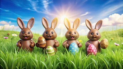 Easter bunnies holding chocolate eggs in a grassy field, Easter, bunnies, chocolate eggs, holiday, celebration