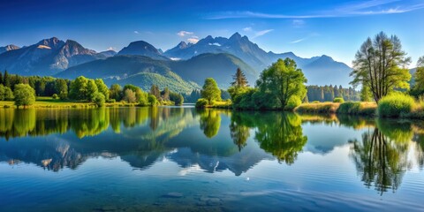 Obraz premium Scenic landscape with a serene lake, reflective water, lush greenery, and majestic mountains in the background, scenic