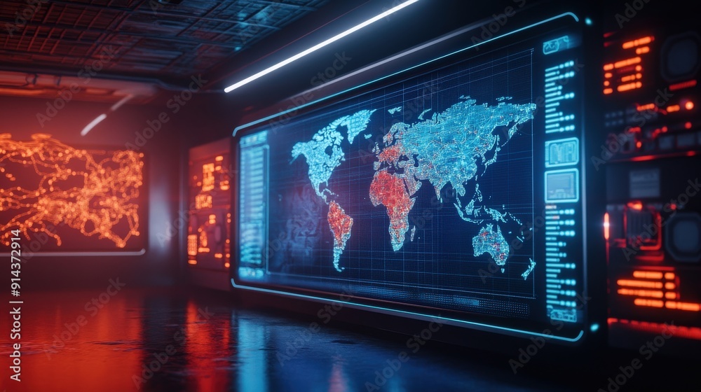 Poster a computer screen displays a colorful, glowing map of the world. the map is made up of tiny dots tha