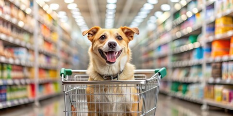 Happy dog pushing shopping cart filled with pet accessories at a pet shop, pet, happy, dog, shopping cart, accessories, pet shop