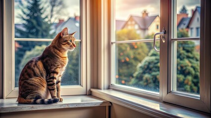 Cat sitting in the window of a cozy home, looking out at the world outside, cat, window, home, cozy, pet, domestic, looking out