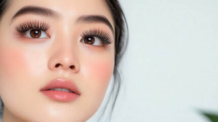 Fototapeta premium Close-up of a young woman's face showcasing flawless makeup and beautiful lashes against a soft, neutral background.