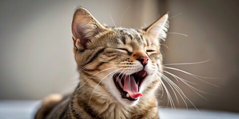 Naklejka premium Close-up of a sleepy cat yawning, cat, feline, pet, domestic animal, sleepy, tired, yawn, adorable, cute, whiskers, relaxation, nap