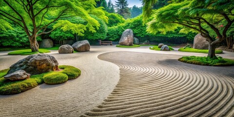 Serene Zen garden with perfectly raked sand surrounded by lush greenery and smooth stones , peace, tranquility