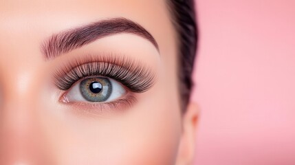 Obraz premium Close-up of a beautiful eye showcasing long eyelashes and vibrant iris against a soft pink background.
