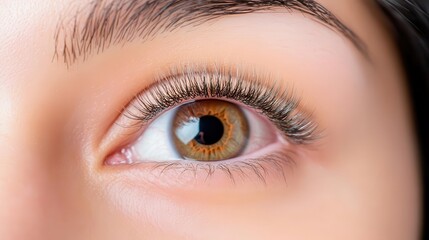 Fototapeta premium Close-up view of a beautiful brown eye with long eyelashes, showcasing intricate details and natural beauty.
