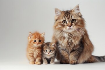 photograph of A large fluffy cat with big eyes sits next to a small orange kitten. Mother cat and little kittens on a white background