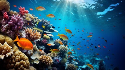 Fototapeta premium Photograph of a vibrant coral reef teeming with colorful fish