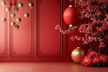 Classic Chinese new year background. Hanging silk lanterns and spring blooming branches on red background
