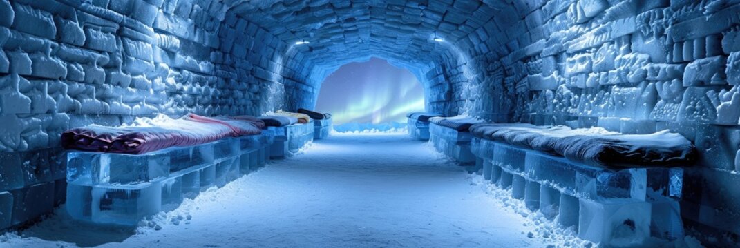An ice and brick tunnel with a view of the aurora borealis