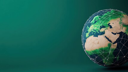 Fototapeta premium A detailed digital representation of the Earth highlighting continents with a network design on a gradient green background.