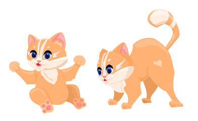 Red cat playing with a ball of thread in different poses. Vector cartoon flat illustration. different cat character on white background. 