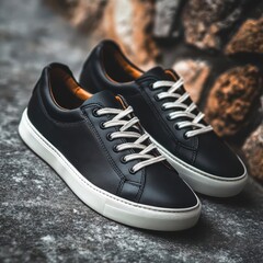 Black leather sneakers with white laces and a white sole.