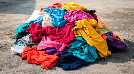 Pile of vibrant cotton clothing lying on an empty area.