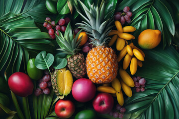 Fototapeta premium Frutas tropicais variadas sobre folhas verdes criadas por IA generativa com cores vibrantes 