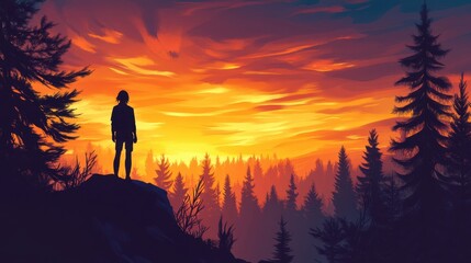 Obraz premium Solitary Explorer Gazing at Vibrant Sunset in Forest Wilderness